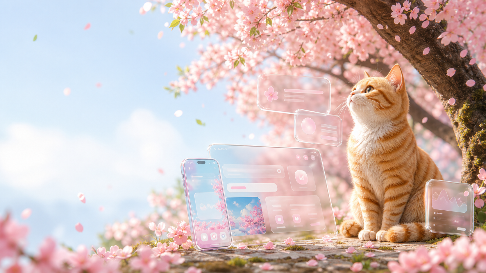 橘猫在樱花树下查看透明液态玻璃客户端面板